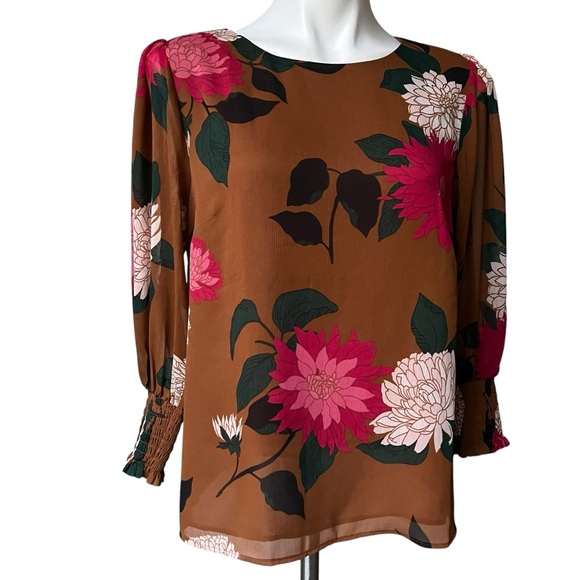 Ann Taylor Factory Sheer Brown Floral Overlay Balloon Sleeve Blouse, Sz M - Picture 8 of 13